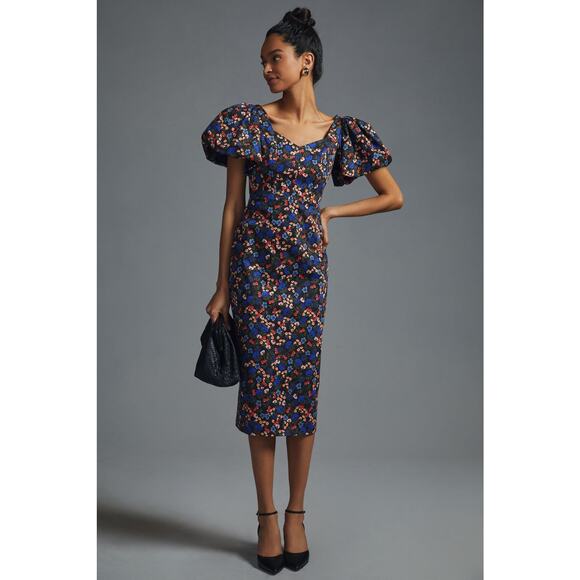 Hunter Bell Womens Collette Sheath Dress Puff Sleeves Floral Black Size 4 NEW - Picture 1 of 9